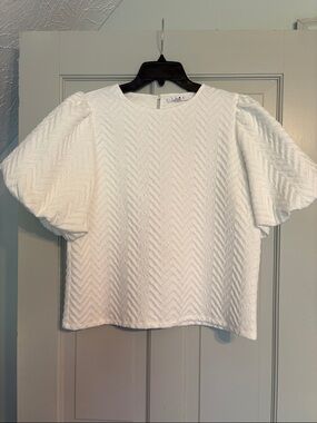 THML Large White Short Puff Sleeve Blouse With Chevron Texture